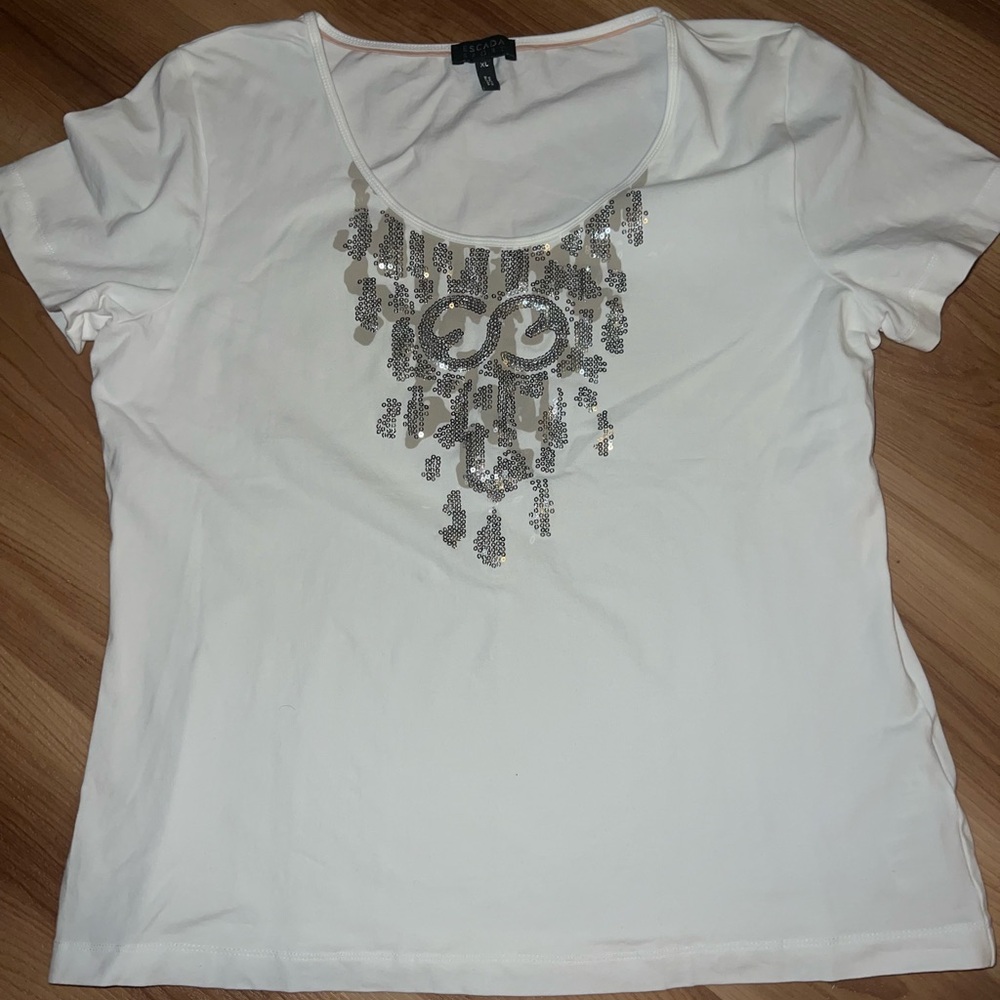 Beautiful Escada Logo White Silver Gold Sequined Top size XL